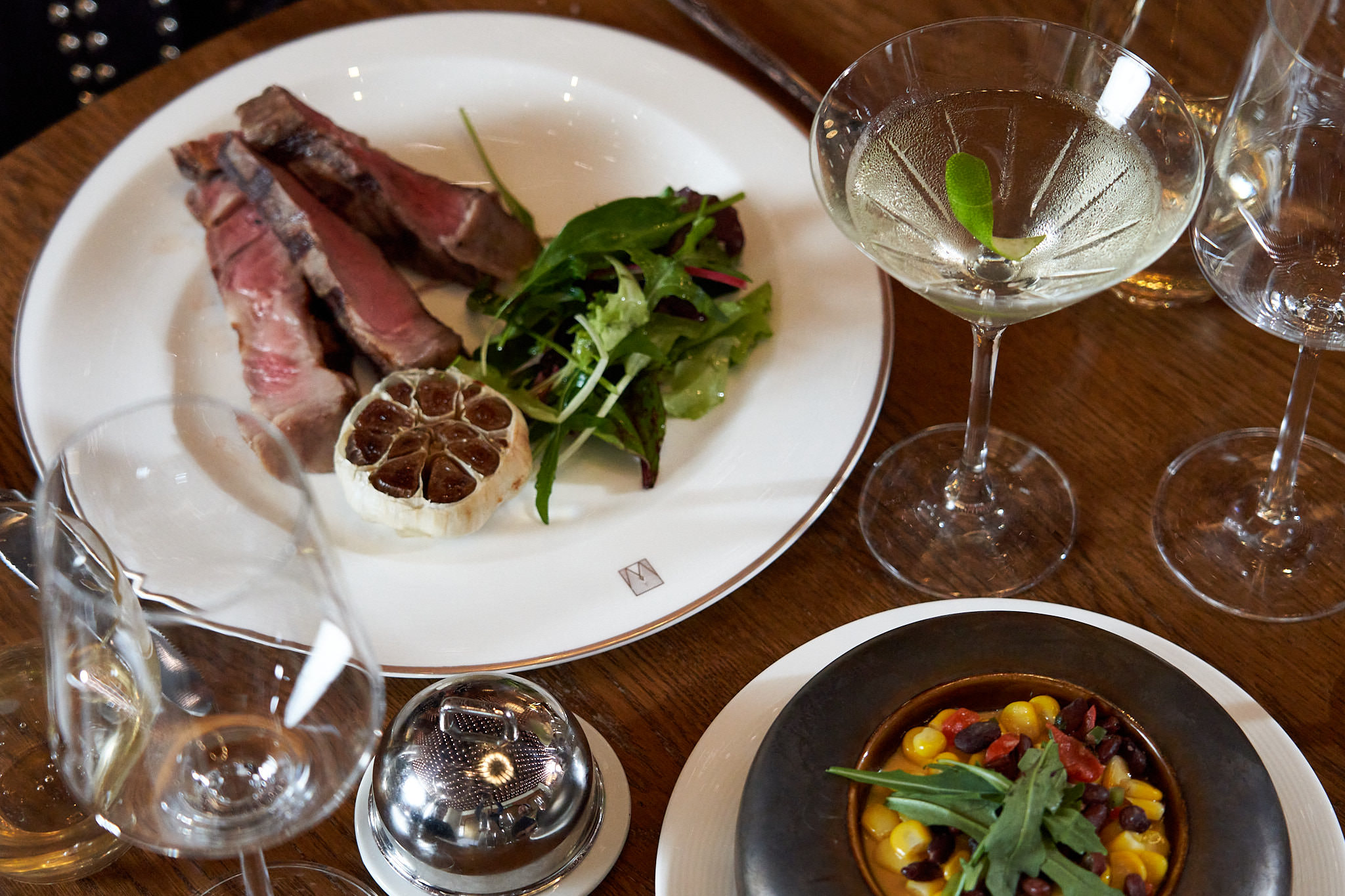 Closeup of food and drink at The Wake restaurant.